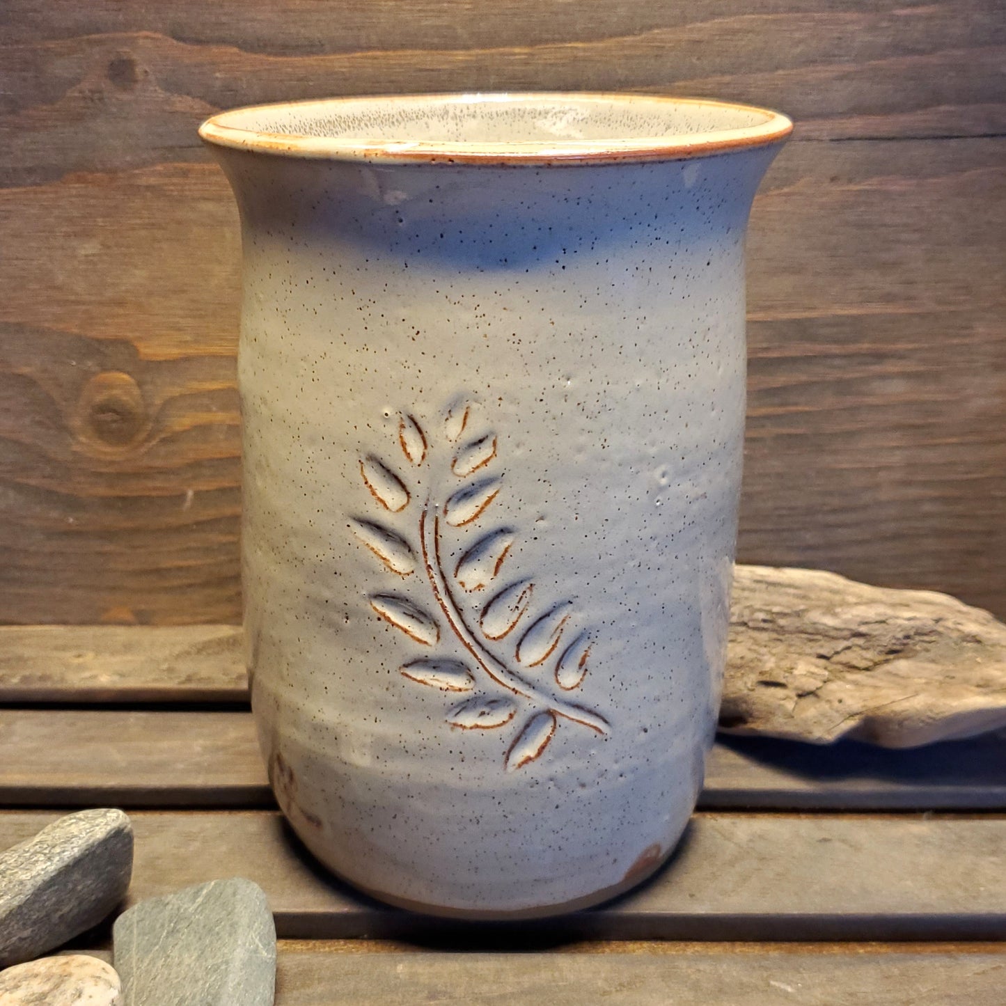 Flower Vase with Carved Leaves - Green Cabin Pottery