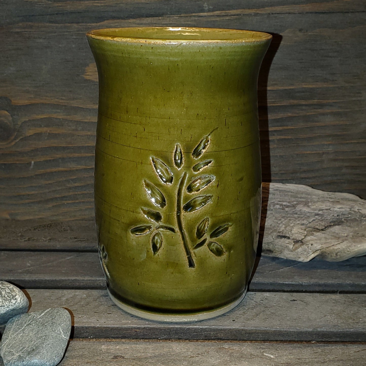 Flower Vase with Carved Leaves: smaller version - Green Cabin Pottery