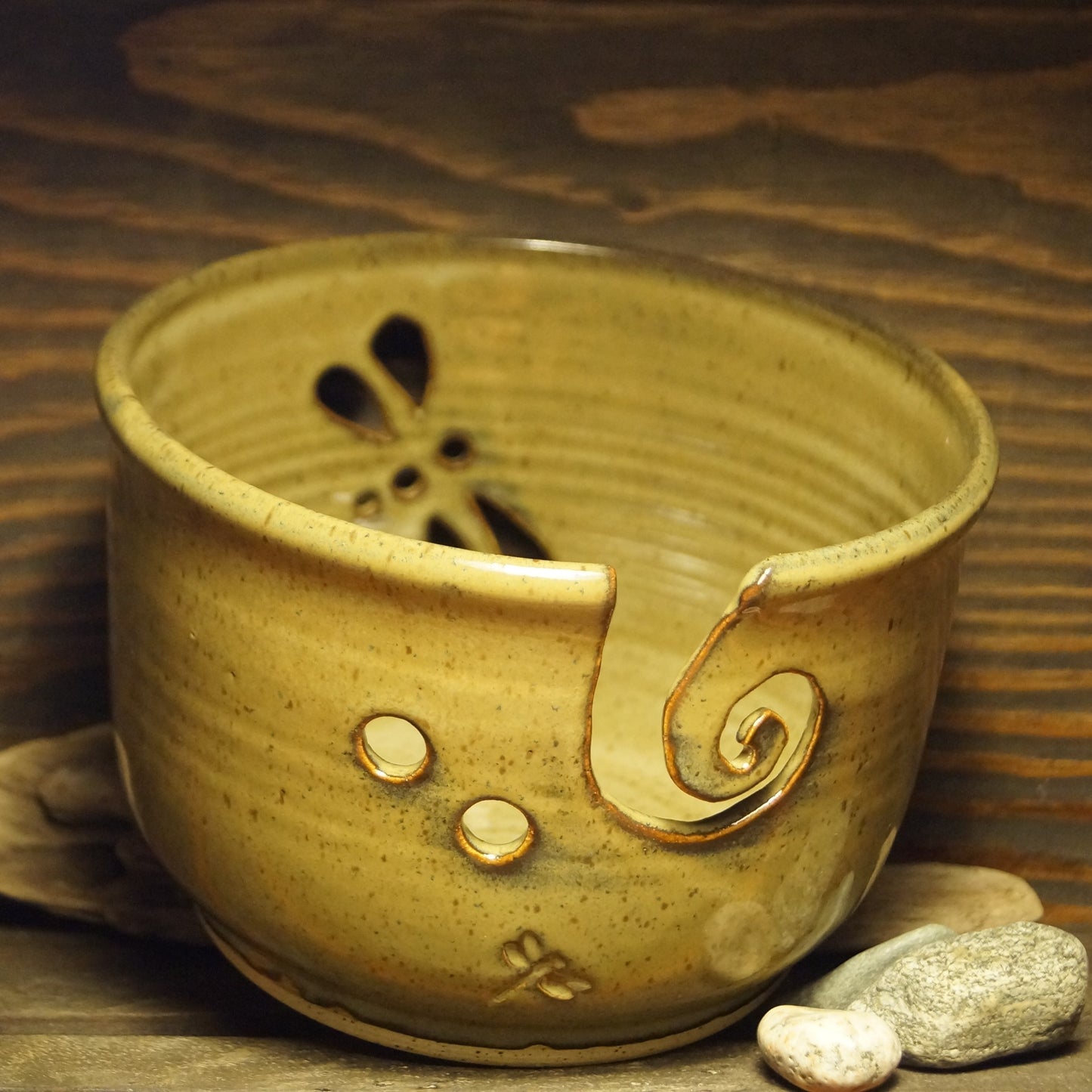 Dragonfly Carved Yarn Bowl - Green Cabin Pottery
