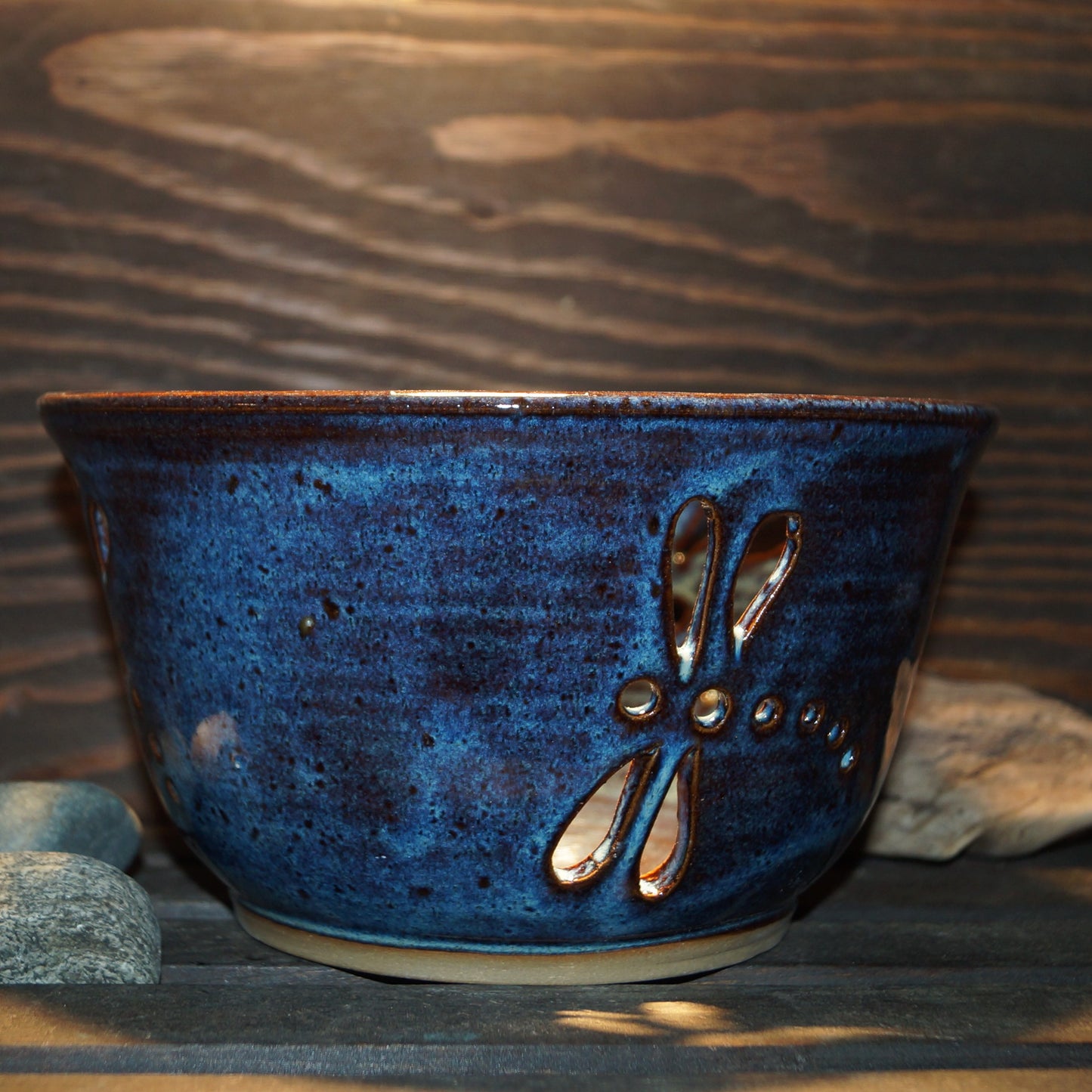 Blue Carved Dragonfly Fruit Bowl - Green Cabin Pottery