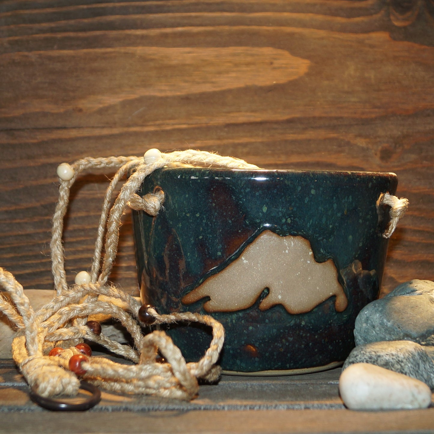 Lake Superior Green hanging planter - Green Cabin Pottery
