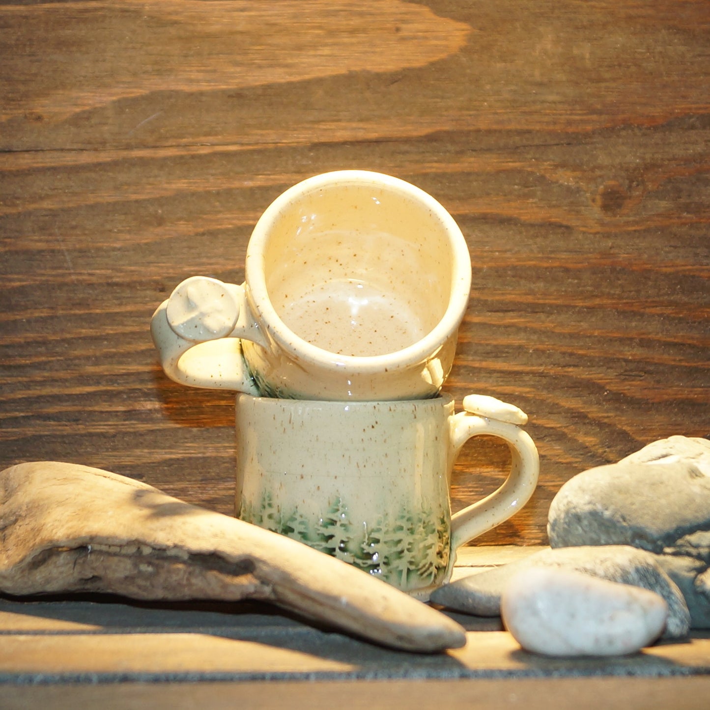 4 oz Espresso cup rimmed with Trees - Green Cabin Pottery