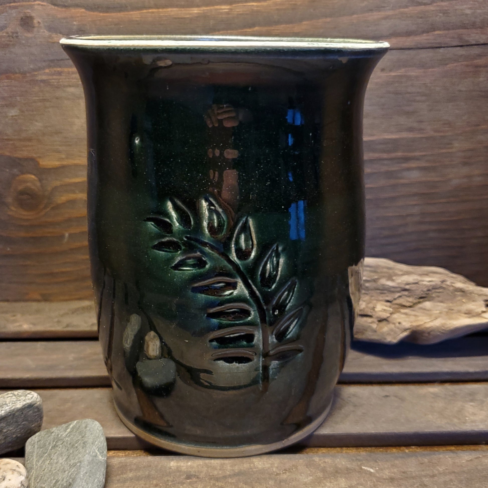 Flower Vase with Carved Leaves - Green Cabin Pottery
