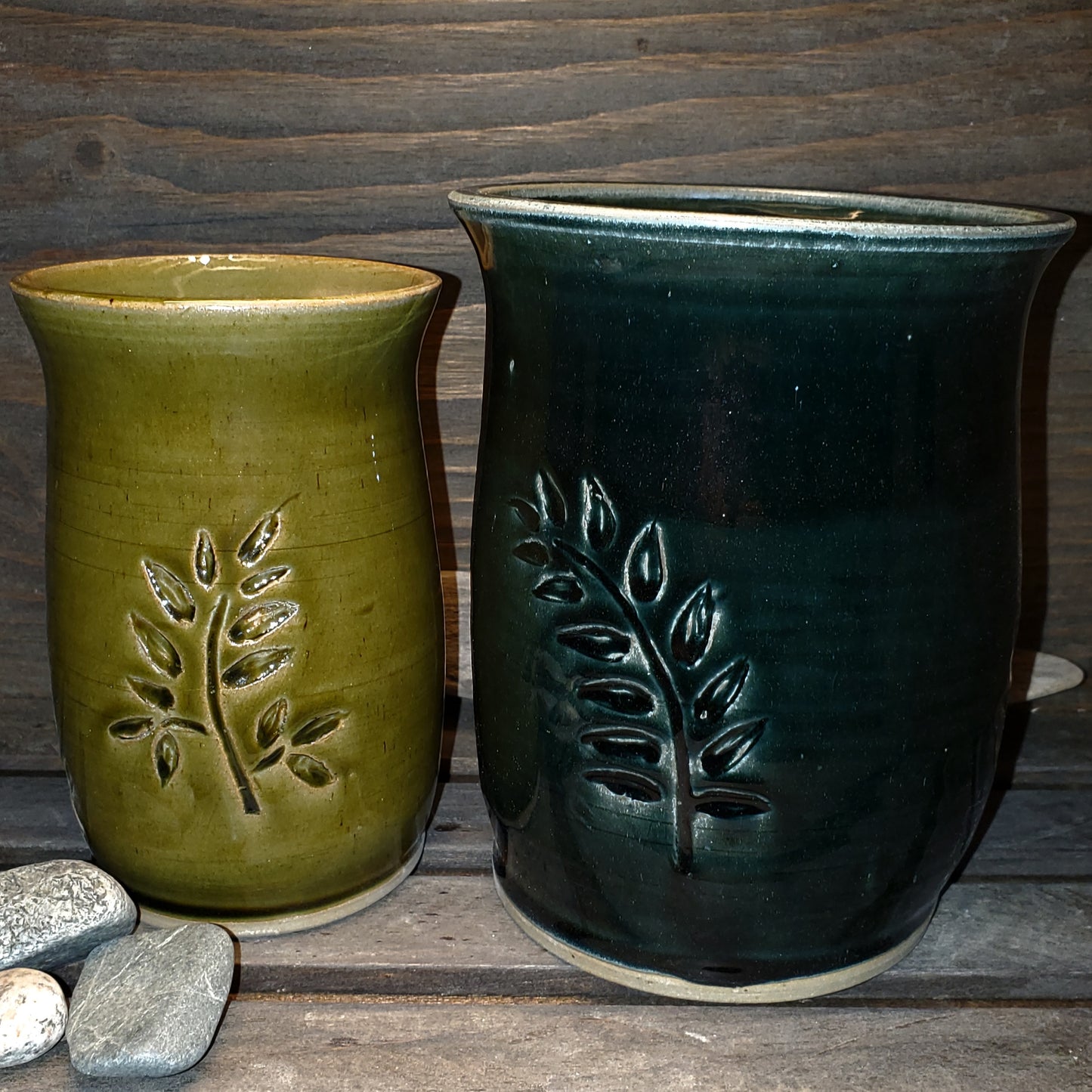 Flower Vase with Carved Leaves - Green Cabin Pottery