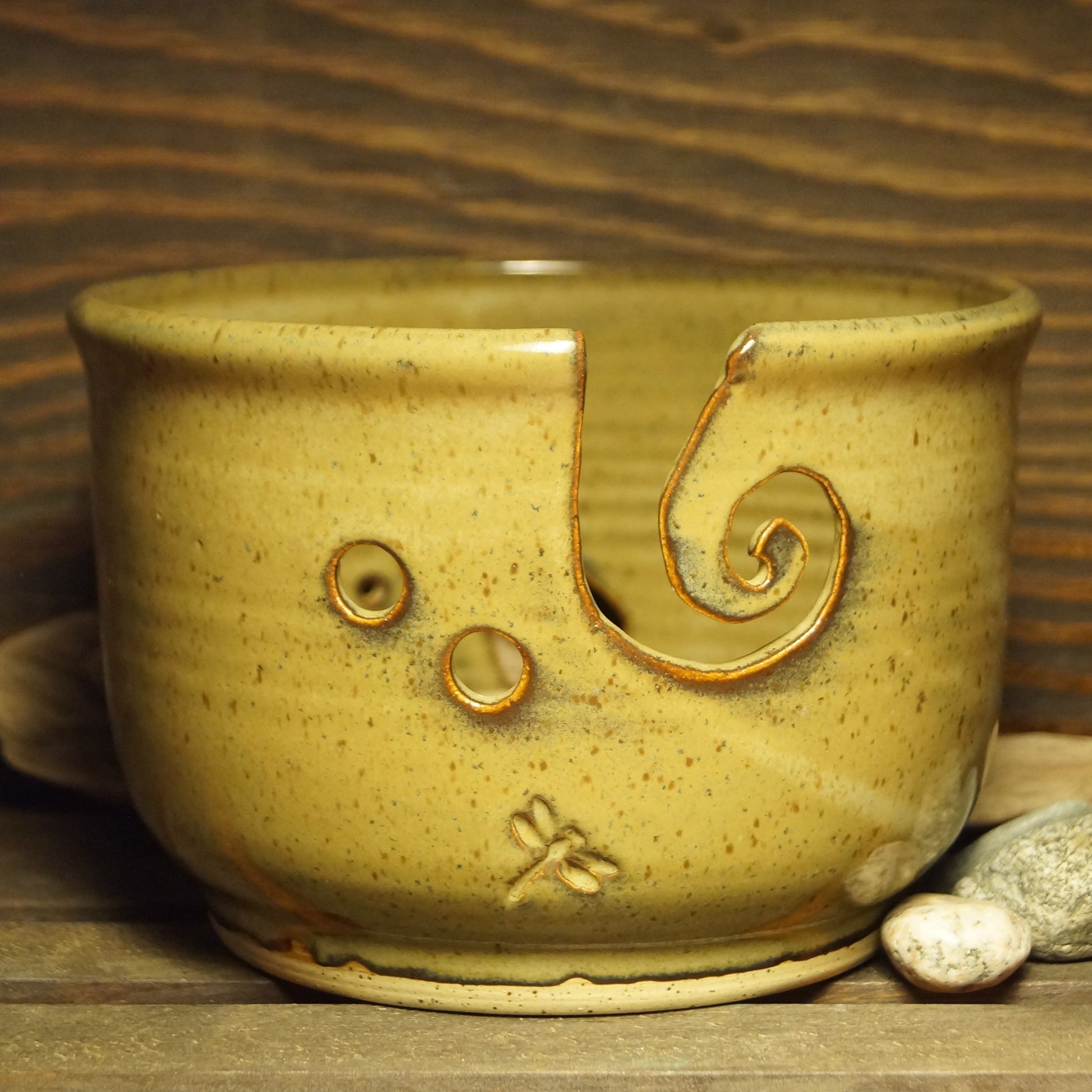 Dragonfly Carved Yarn Bowl - Green Cabin Pottery