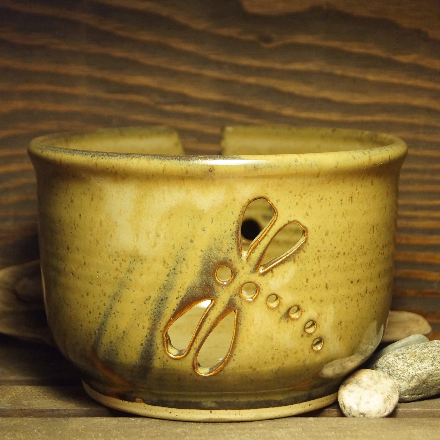 Dragonfly Carved Yarn Bowl - Green Cabin Pottery