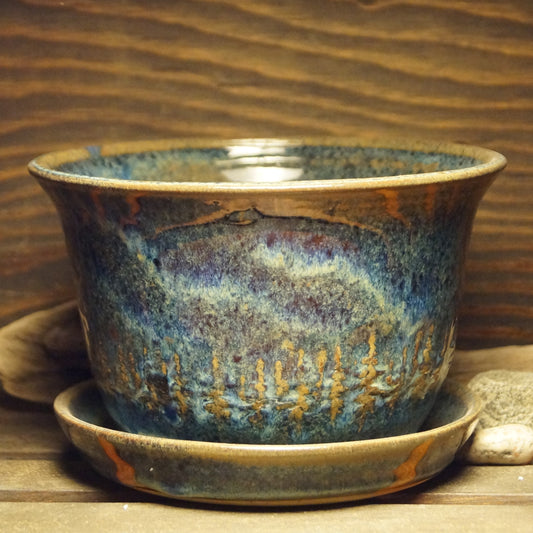 Blue Tree rimmed planter - Green Cabin Pottery