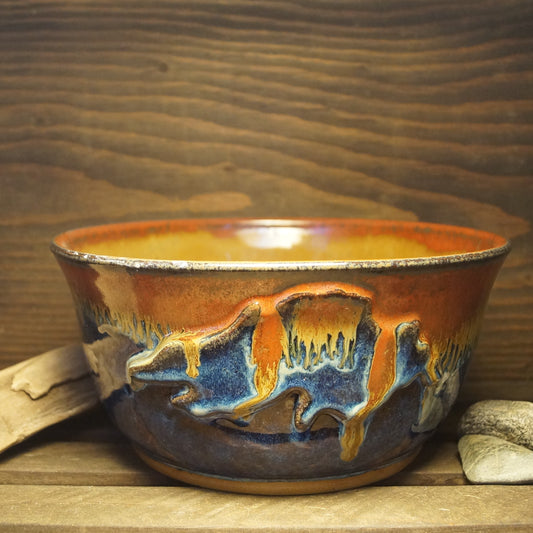 Blue with red rim Lake Superior bowl - Green Cabin Pottery