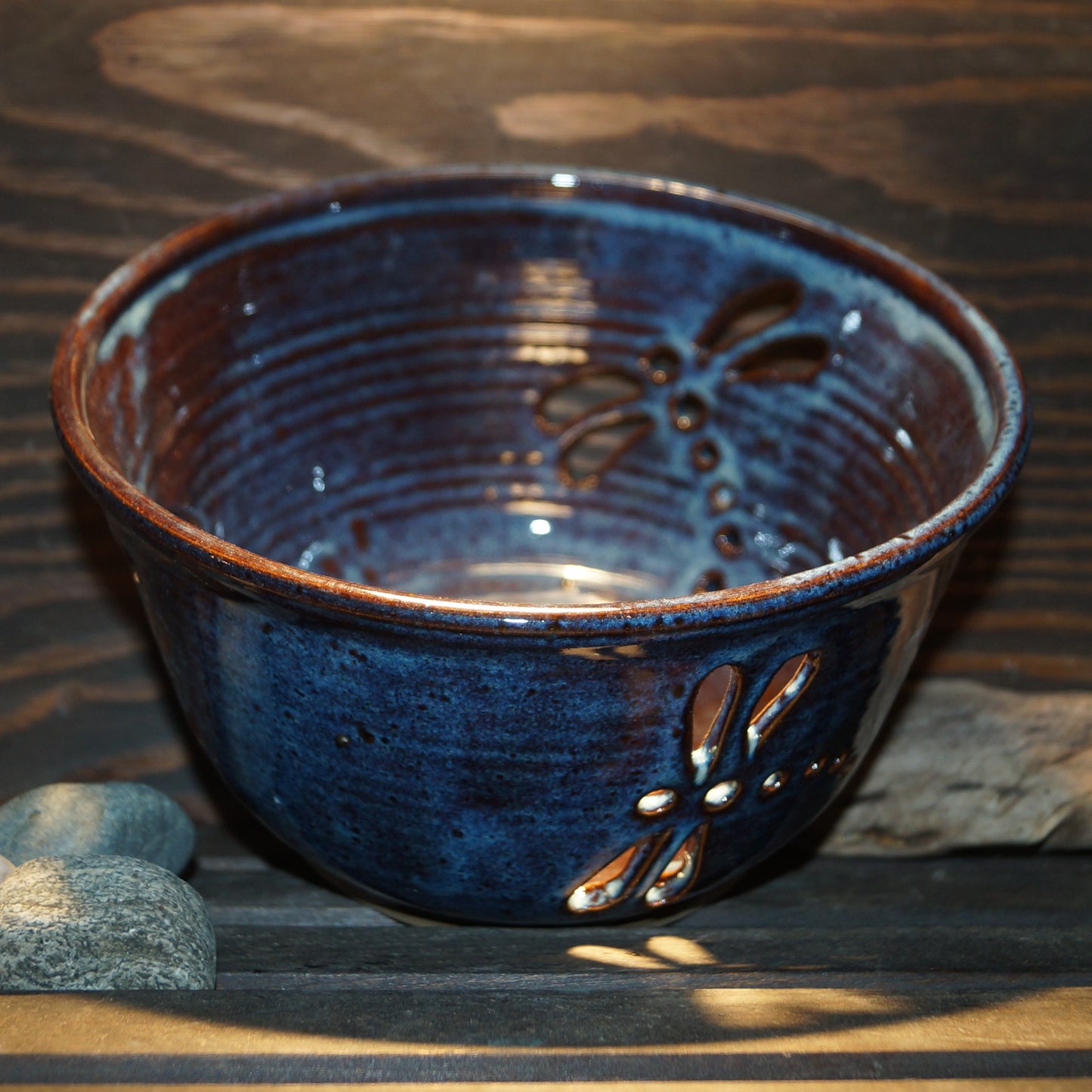 Blue Carved Dragonfly Fruit Bowl - Green Cabin Pottery