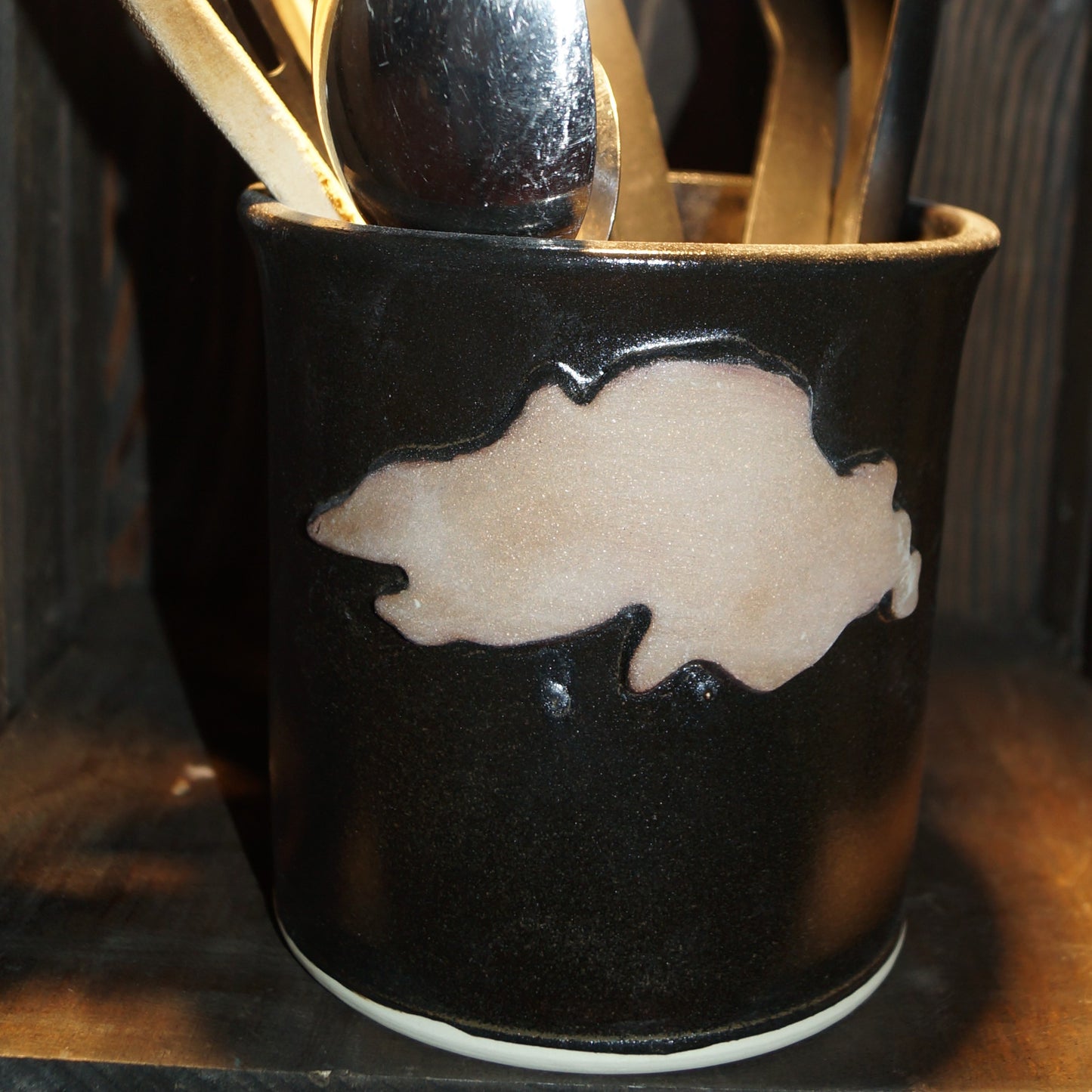 Metallic Black Lake Superior Utensil Holder - Green Cabin Pottery