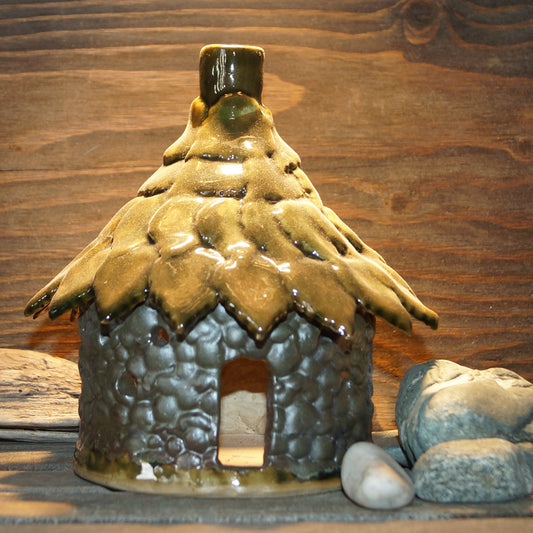 Dark Green Roof Smokehouse with Stone Base - Green Cabin Pottery