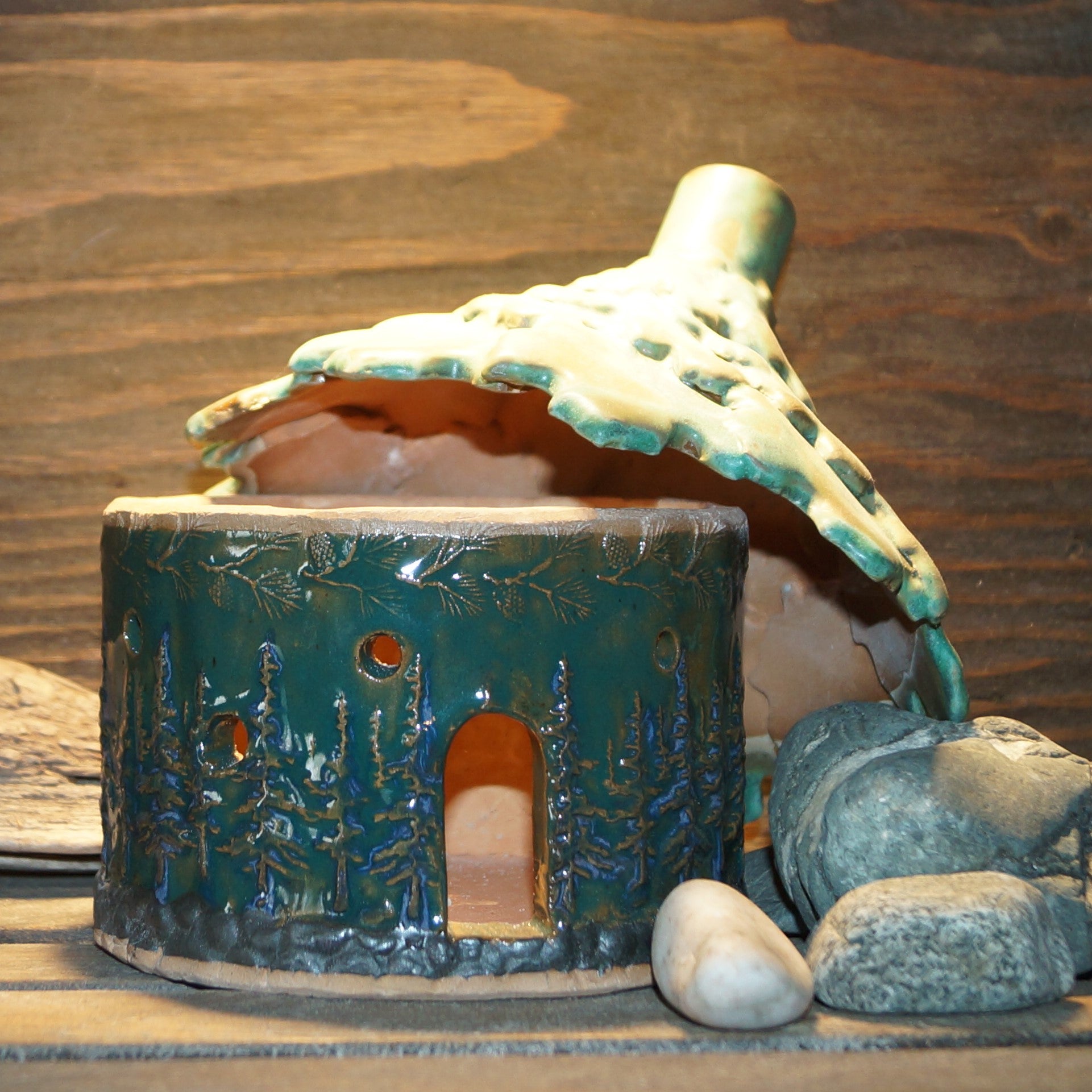Green Roof Smokehouse with Trees - Green Cabin Pottery