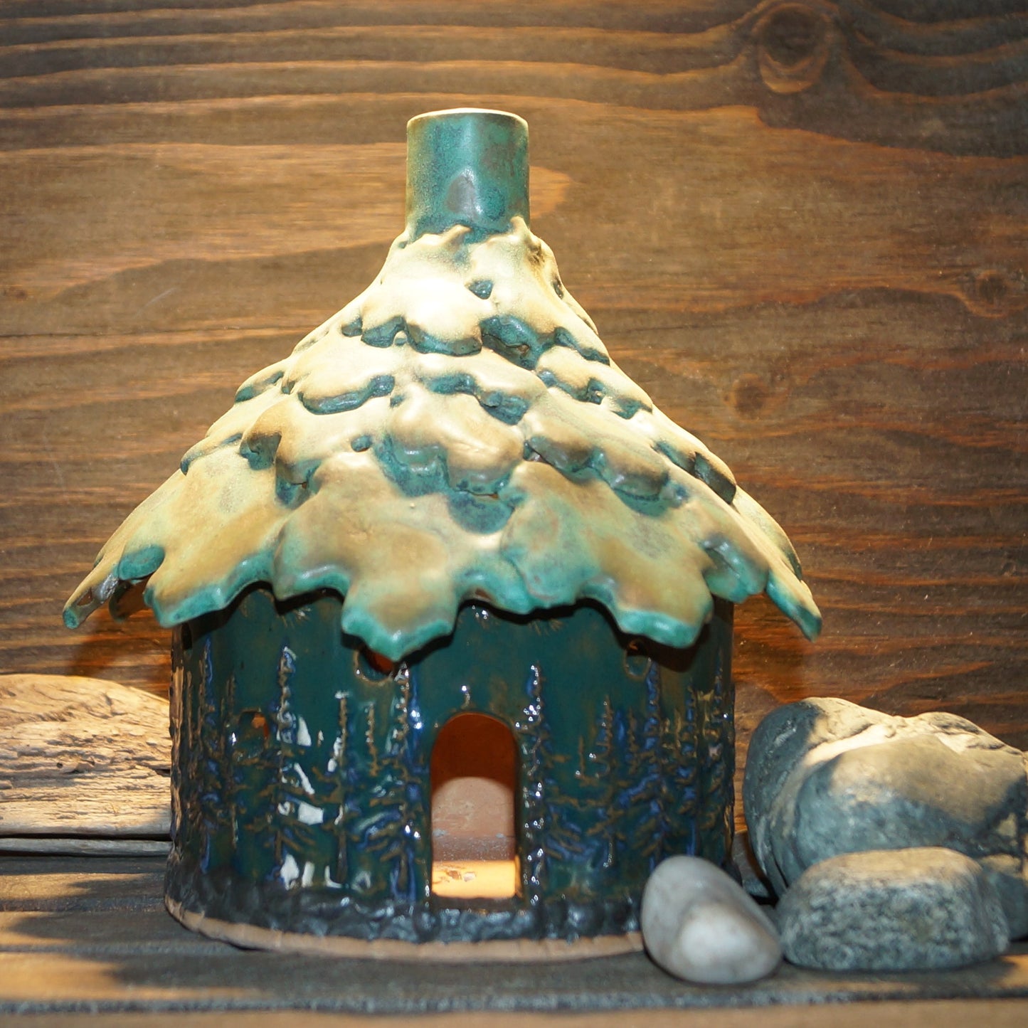 Green Roof Smokehouse with Trees - Green Cabin Pottery